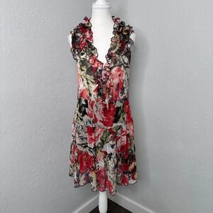 Floral Ruffle V-Neck Tiered Sleeveless Dress Red Green Cream Multi Color